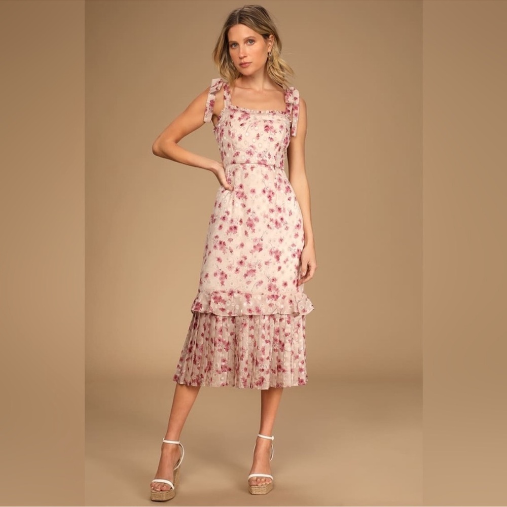 Lulu's Terrace Views Taupe Floral Print Tiered Midi Dress Size Medium